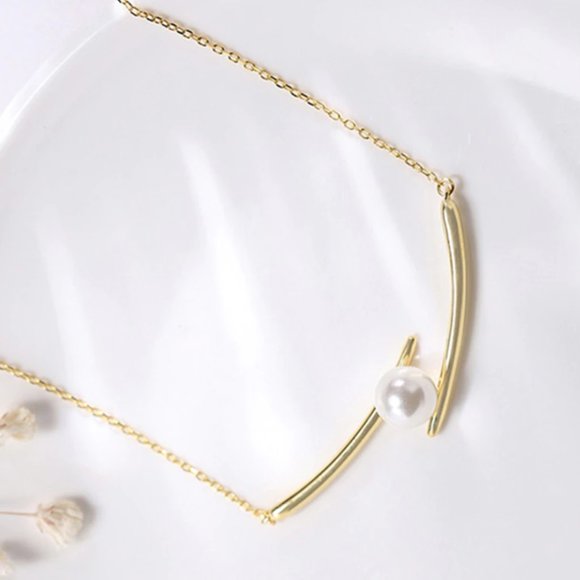 NEW Silver Gold Curved Line Stick Pearl Necklace - Picture 4 of 6